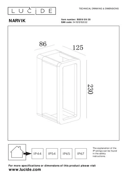 Lucide NARVIK - Wandlamp Binnen/Buiten - LED - 1x9,2W 3000K - IP65 - Zwart - technisch